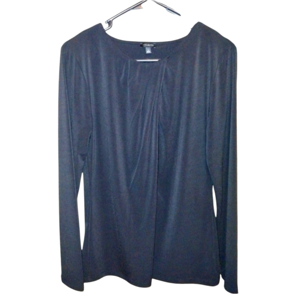 Talbots Long sleeve draped black top, pleat detail at neckline